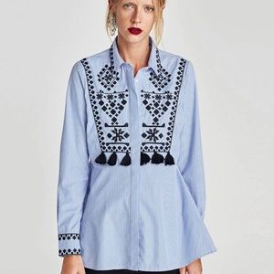 Zara Blue Striped Peplum Peasant Button Down